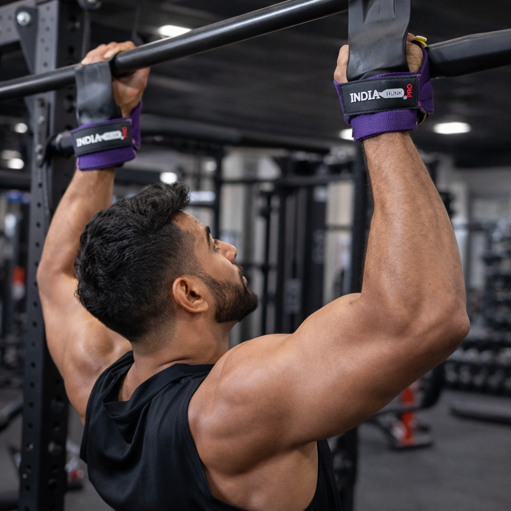 INDIAHUNK® Power Grips Weight Lifting Gloves – Heavy-Duty Gym Gloves with Padded Wrist Wraps & Adjustable Grip Hooks for Deadlifts, Pull-Ups & Bodybuilding ( purple )